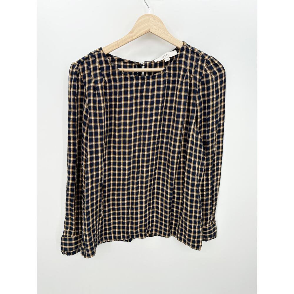 Loft Blue Gold Shimmer Plaid Pleated Blouse Boho Peasant Rayon Women‎ Large